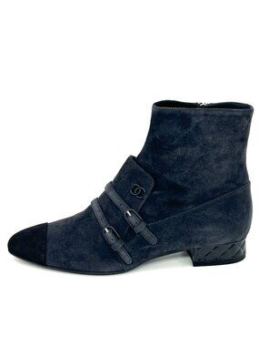 CHANEL 18B Suede Buckled Pointed Toe Short Ankle Booties Boots